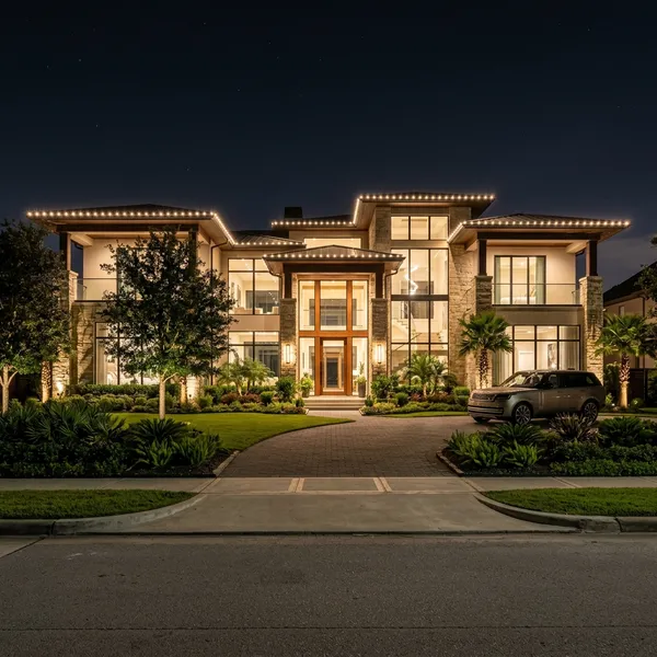 Upscale home with warm architectural roofline lighting